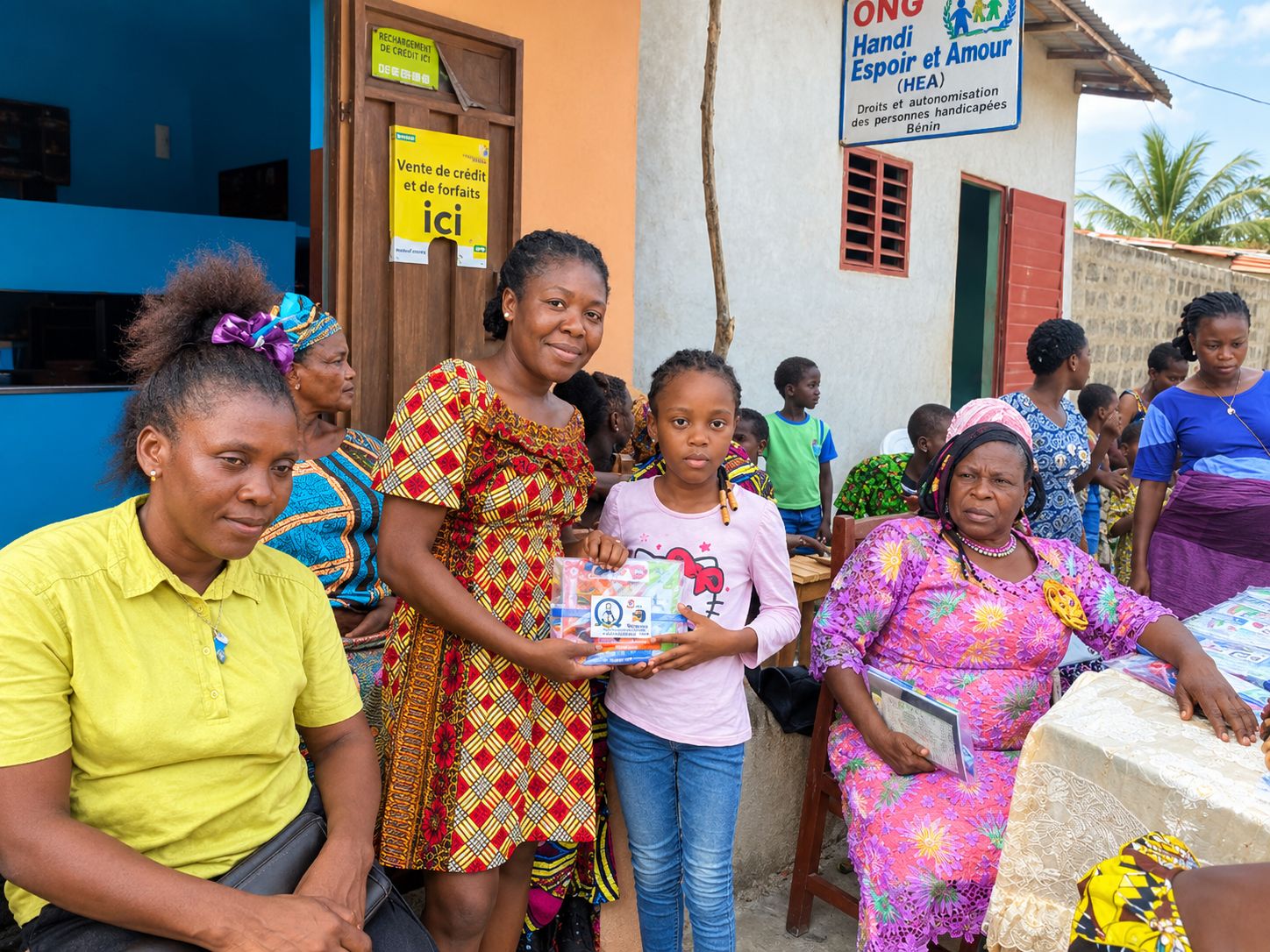 Distribution de fournitures devant le siège de l'ONG